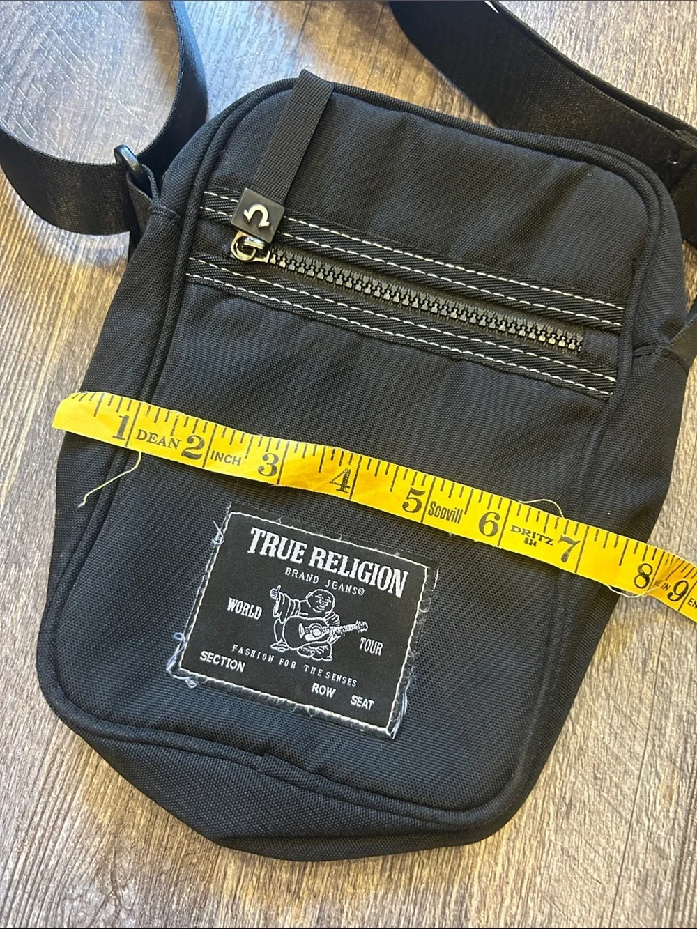True Religion Black Canvas Belt Bag with Front Zip and Logo Patch